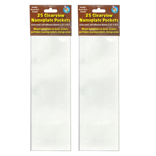 Clear View Self-Adhesive Extra Small Name Plate Pocket 3.25" x 10.5", 25 Per Pack, 2 Packs