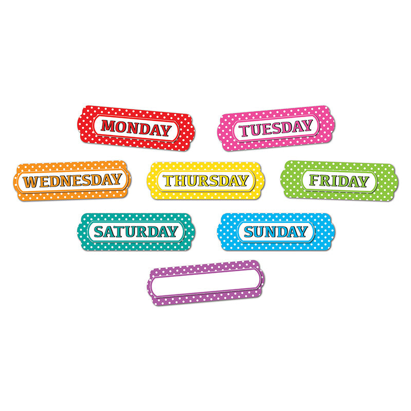 Magnetic Die-Cut Timesavers & Labels, Days of the Week, White Polka Dots On Assorted Colors, 8 Pieces