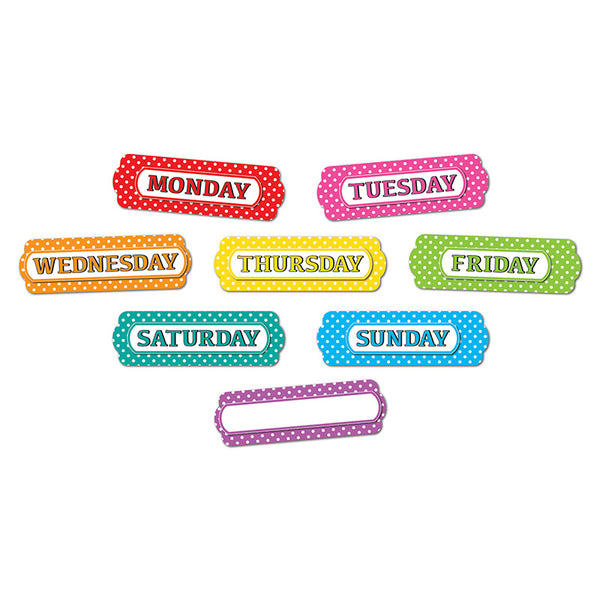 Magnetic Die-Cut Timesavers & Labels, Days of the Week, White Polka Dots On Assorted Colors, 8 Pieces