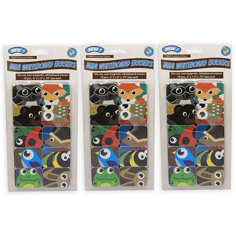 Non-Magnetic Mini Whiteboard Erasers, Keyhole Kritters, 10 Per Pack, 3 Packs