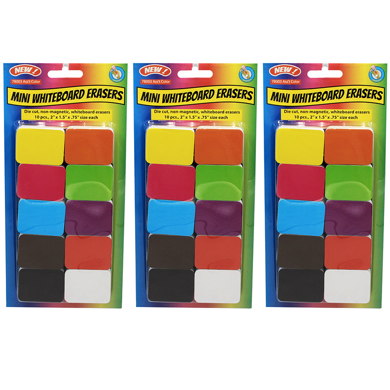 Non-Magnetic Mini Whiteboard Erasers, Assorted, Pack of 30