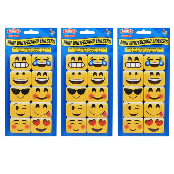 Non-Magnetic Mini Whiteboard Erasers, Emojis, 10 Per Pack, 3 Packs