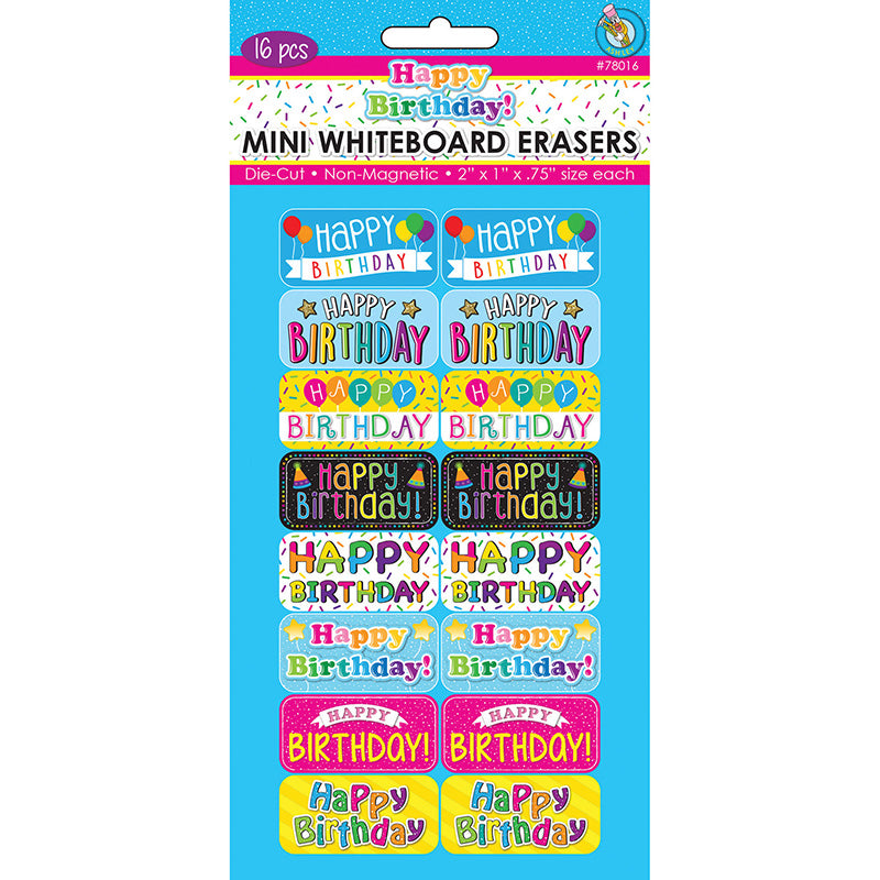 Non-Magnetic Mini Whiteboard Erasers, Happy Birthday, Pack of 16