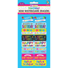 Non-Magnetic Mini Whiteboard Erasers, Happy Birthday, Pack of 16