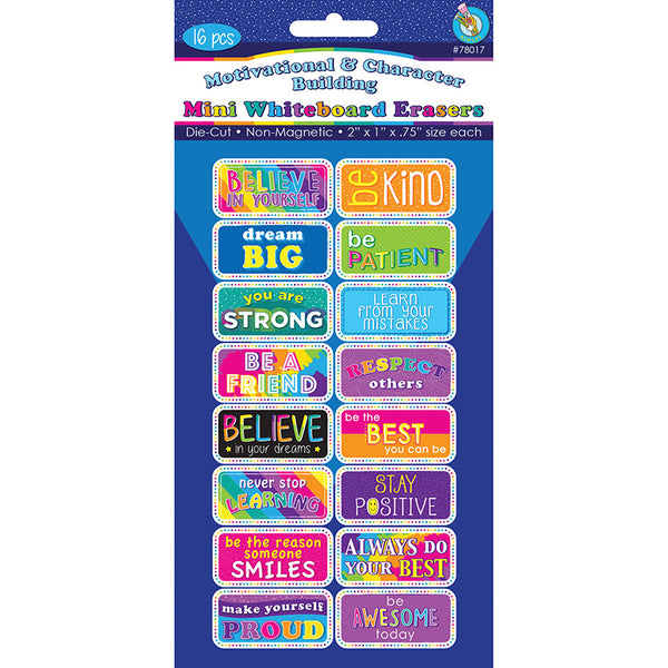 Non-Magnetic Mini Whiteboard Erasers, Motivational/Character Building, Pack of 16