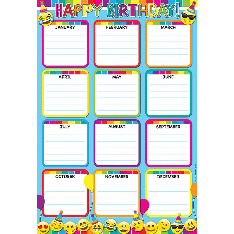 Smart Poly™ Emoji Monthly Birthday Chart, Dry-Erase Surface, 13" x 19"