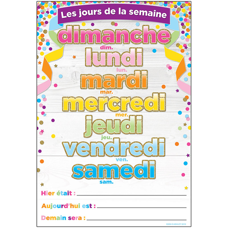 Smart Poly™ French Immersion Chart, 13" x 19", Confetti, Les jours de la semaine (Days of the Week)