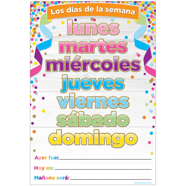 Smart Poly™ Spanish Chart, 13" x 19", Confetti, Los días de la semana (Days of the Week)