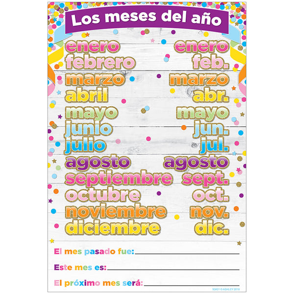 Smart Poly™ Spanish Chart, 13" x 19", Confetti, Los meses del año (Months of the Year)