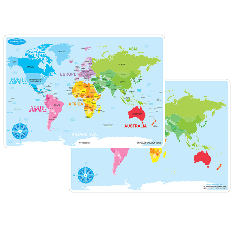 Smart Poly™ Learning Mat, 12" x 17", Double-Sided, World Basic Map