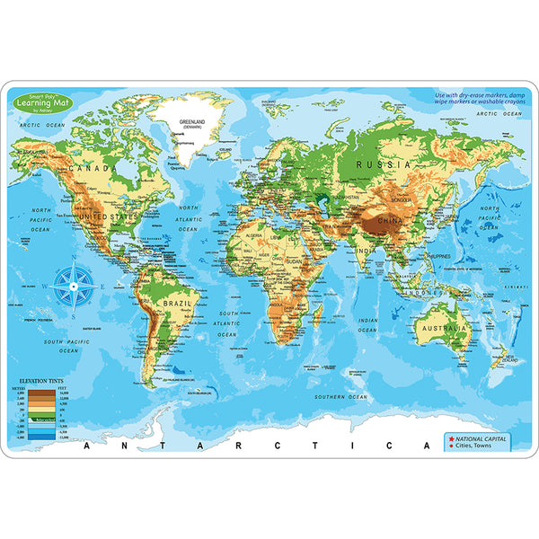 Smart Poly™ Learning Mat, 12" x 17", Double-Sided, World Physical Map