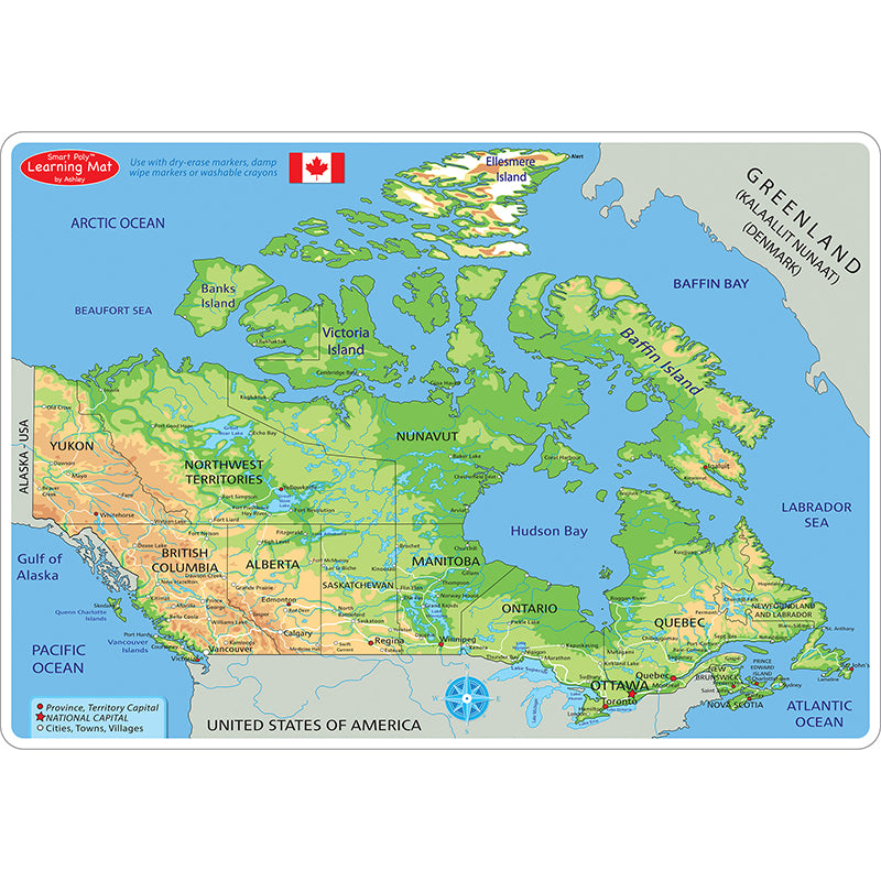 Smart Poly™ Learning Mat, 12" x 17", Double-Sided, Canada Map Physical