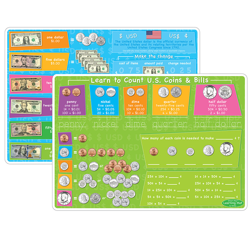 Smart Poly™ Learning Mat, 12" x 17", Double-Sided, U.S. Currency