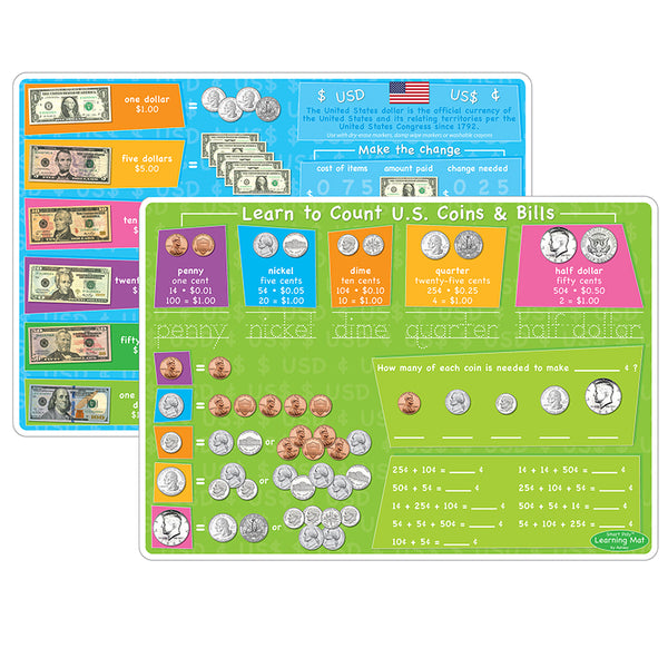 Smart Poly™ Learning Mat, 12" x 17", Double-Sided, U.S. Currency