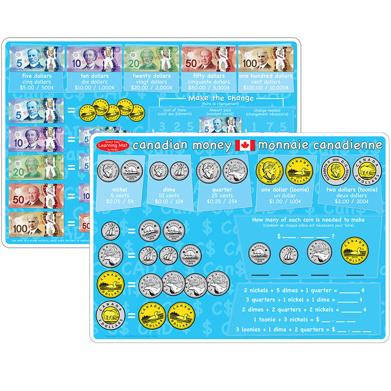 Smart Poly™ Learning Mat, 12" x 17", Double-Sided, Canadian Currency