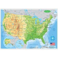 Smart Poly™ Learning Mats, 12" x 17", Double-Sided, U.S. Physical Map, Pack of 10