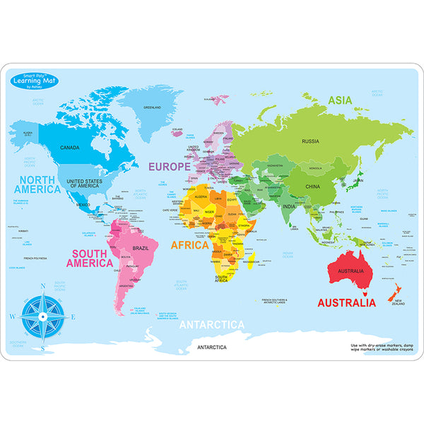 Smart Poly™ Learning Mats, 12" x 17", Double-Sided, World Basic Map, Pack of 10