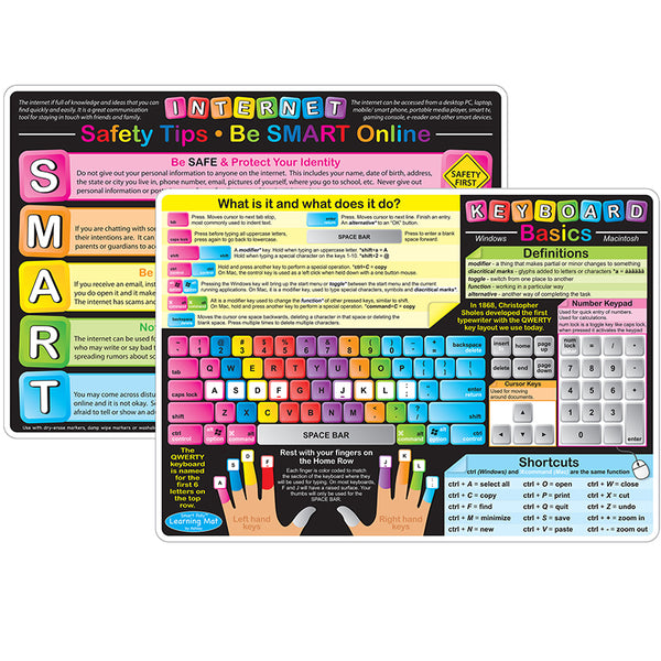 Smart Poly™ Learning Mats, 12" x 17", Double-Sided, Keyboard Basics & Internet Safety, Pack of 10