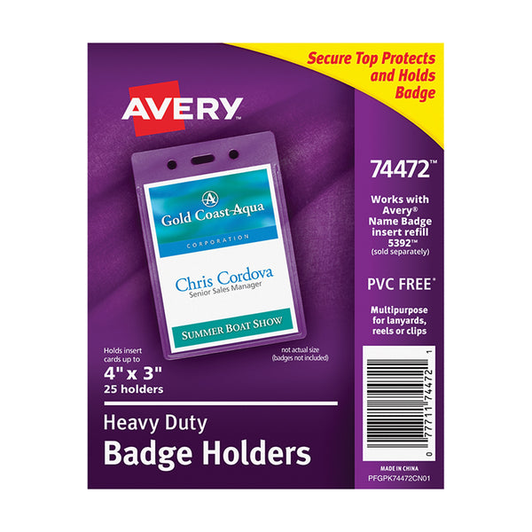 Heavy-Duty Badge Holders, Portrait, 4" x 3", 25 Holders