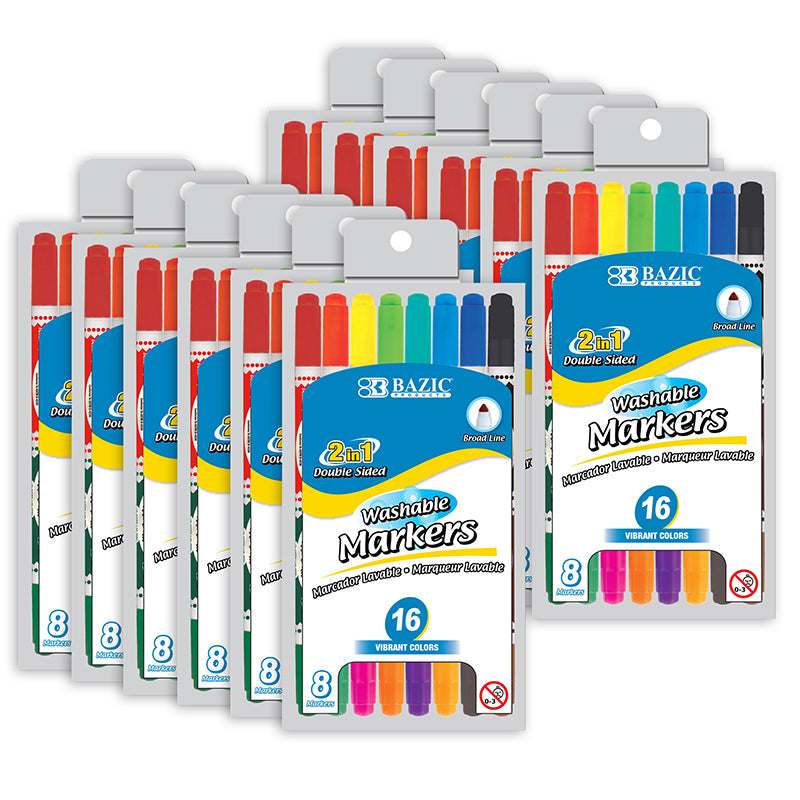 Washable Markers, Double-Tip, 16 Colors, 8 Per Pack, 12 Packs