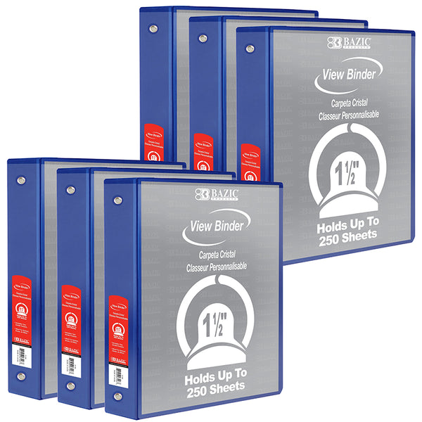 3-Ring View Binder with 2 Pockets, 1.5", Blue, Pack of 6