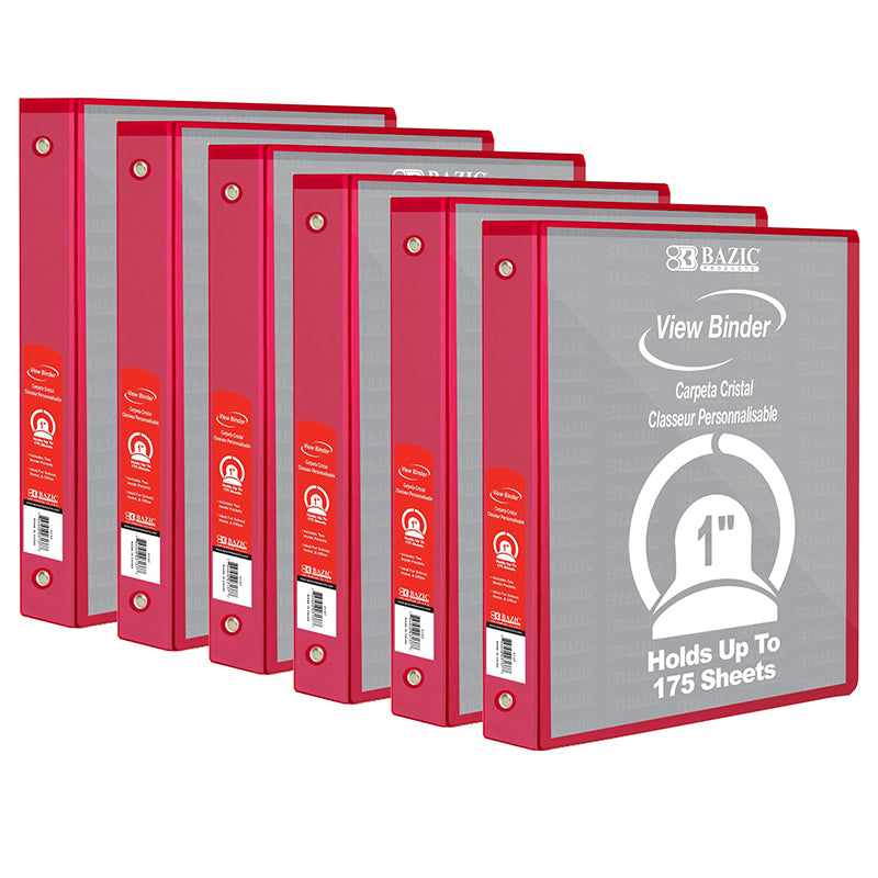 3-Ring View Binder with 2 Pockets, 1", Red, Pack of 6