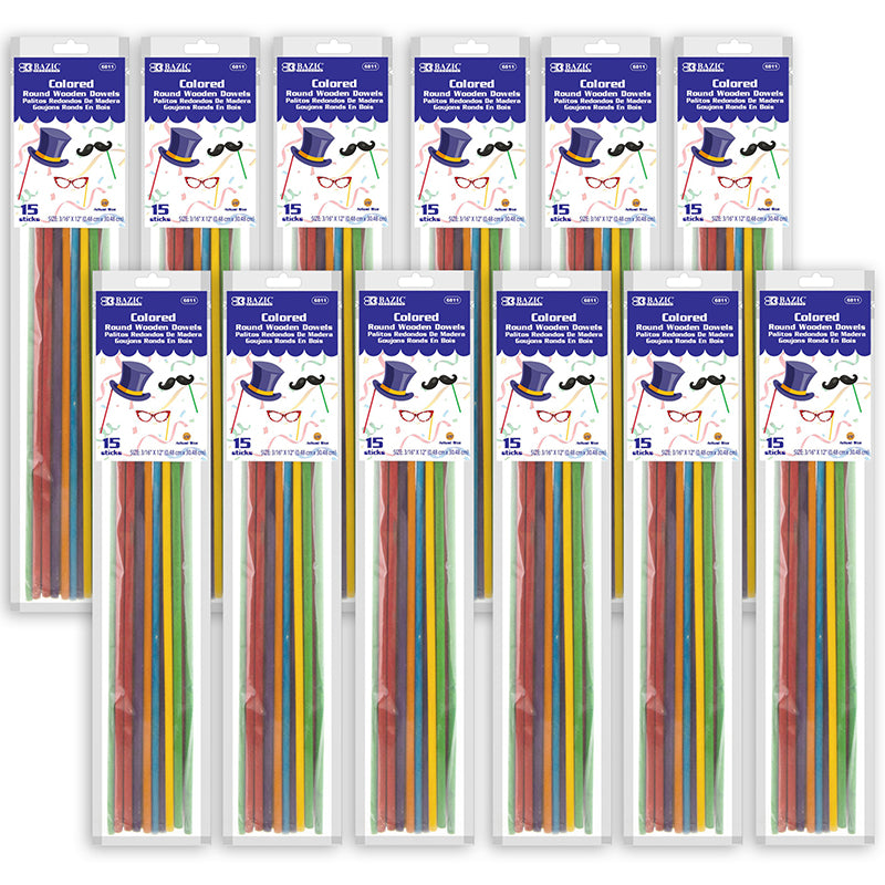 Round Multi-Colored Wooden Dowel, 3/16" x 12", 15 Per Pack, 12 Packs