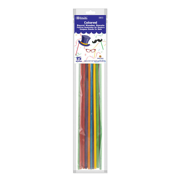 Round Multi-Colored Wooden Dowel, 3/16" x 12", Pack of 15