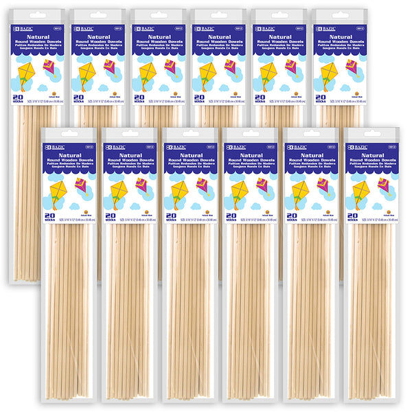 Round Natural Wooden Dowel, 3/16" x 12", 20 Per Pack, 12 Packs