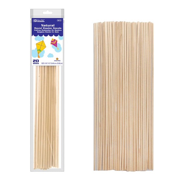 Round Natural Wooden Dowel, 3/16" x 12", Pack of 20