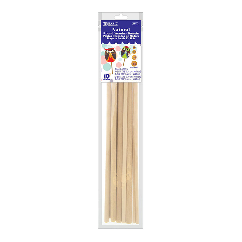 Assorted Round Natural Wooden Dowel, Pack of 10