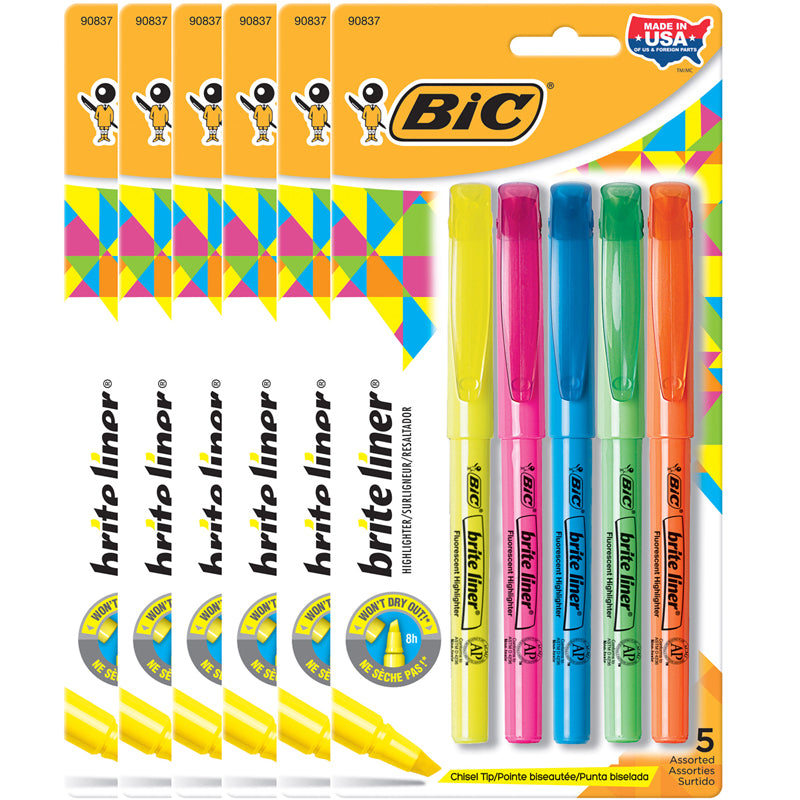 Brite Liner® Highlighters, Chisel Tip, Assorted Colors, 5 Per Pack, 6 Packs