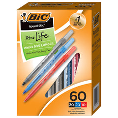 Round Stic® Xtra Life Ballpoint Pen, Medium Point (1.0mm), Assorted, Box of 60