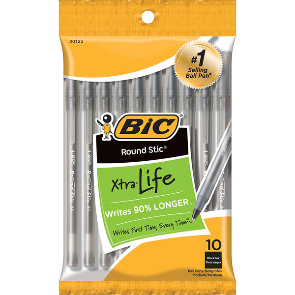 Round Stic® Xtra Life Ballpoint Pen, Medium Point (1.0mm), Black, Pack of 10