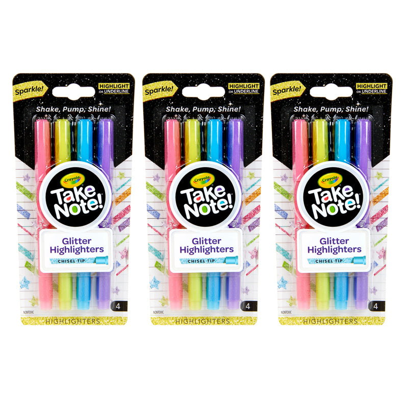 Take Note Glitter Highlighters, 4 Per Pack, 3 Packs