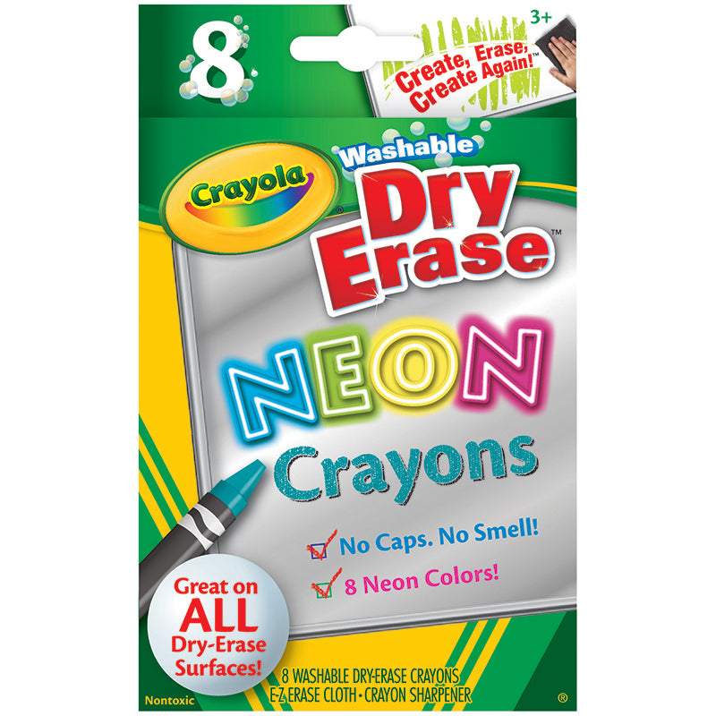 Washable Dry-Erase Crayons, Neon Colors, 8 Count