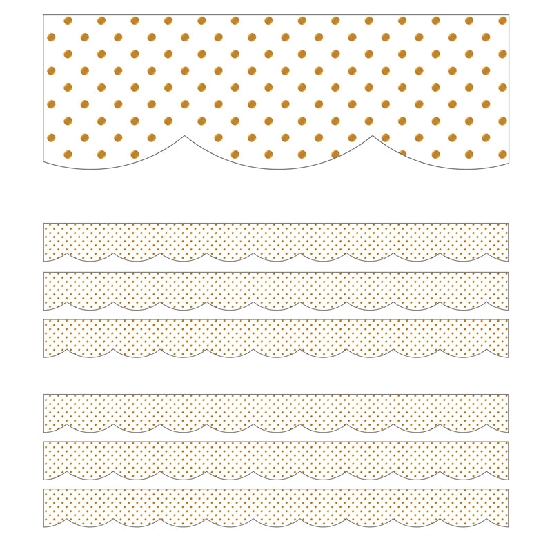 Simply Boho White with Gold Dots Scalloped Borders, 39 Feet Per Pack, 6 Packs