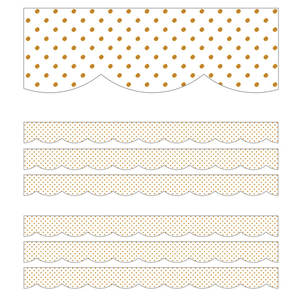 Simply Boho White with Gold Dots Scalloped Borders, 39 Feet Per Pack, 6 Packs