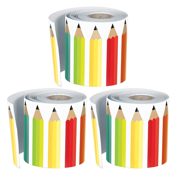 Black, White & Stylish Brights Pencils Rolled Straight Border, 36 Feet Per Roll, Pack of 3