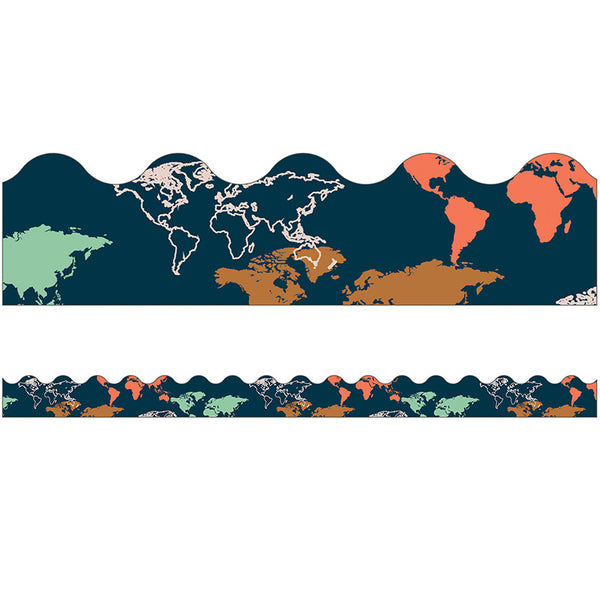 Let's Explore World Map Scalloped Border, 36 Feet