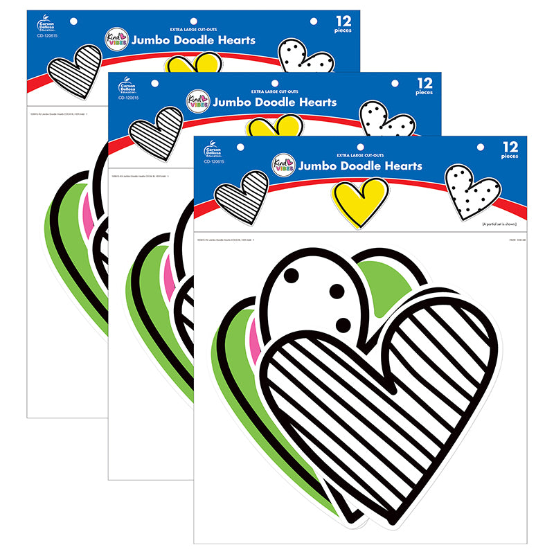 Kind Vibes Jumbo Doodle Hearts Cut-Outs, 12 Per Pack, 3 Packs