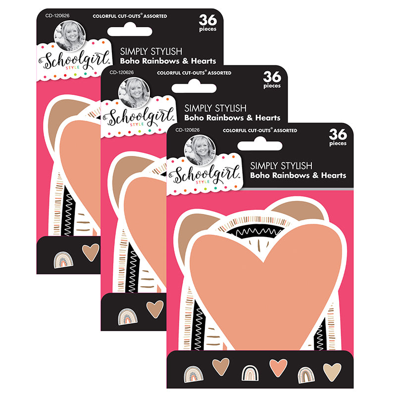 Simply Stylish Boho Rainbows & Hearts Cut-Outs, 36 Per Pack, 3 Packs