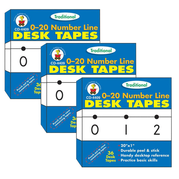 Traditional Desk Tape 0-20 Number Line, Grade PK-5, 36 Per Pack, 3 Packs