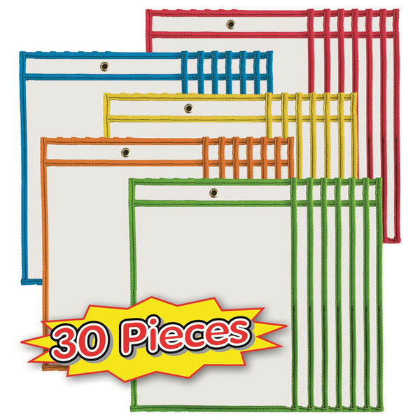 Dry Erase Pockets, 9" x 12", Assorted Colors, Set of 30