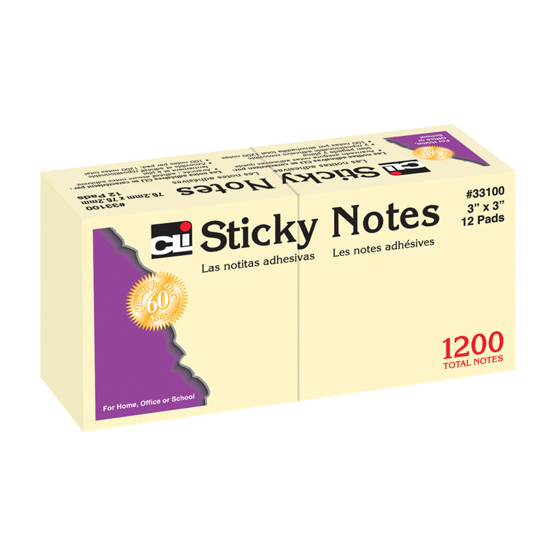 Sticky Notes, 3 x 3 Inch, 100 Sheets/Pad, Yellow, 12 Pads