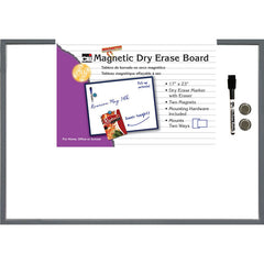 Magnetic Dry Erase Board, 17" x 23", w/Eraser/Marker and 2 Magnets, Gray Frame, 1 Each