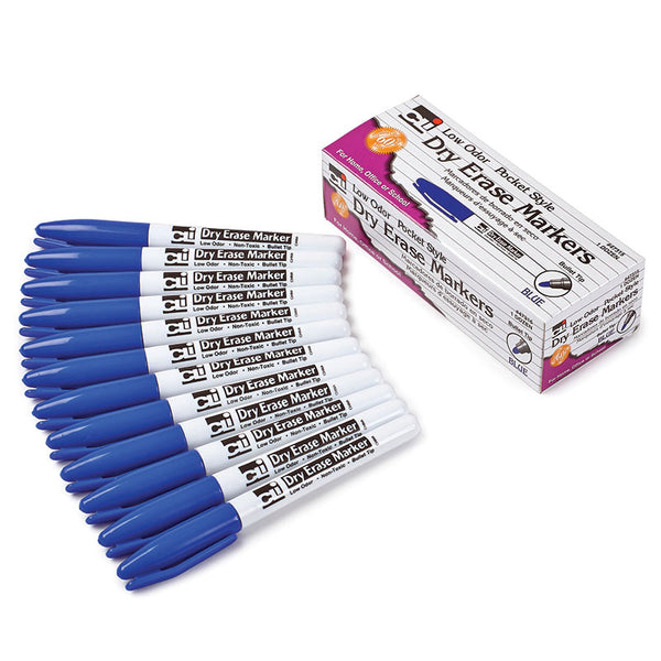 Dry Erase Markers, Pocket Style, Blue, Bullet Tip, Pack of 12