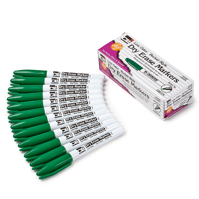 Dry Erase Markers, Pocket Style, Green, Bullet Tip, Pack of 12