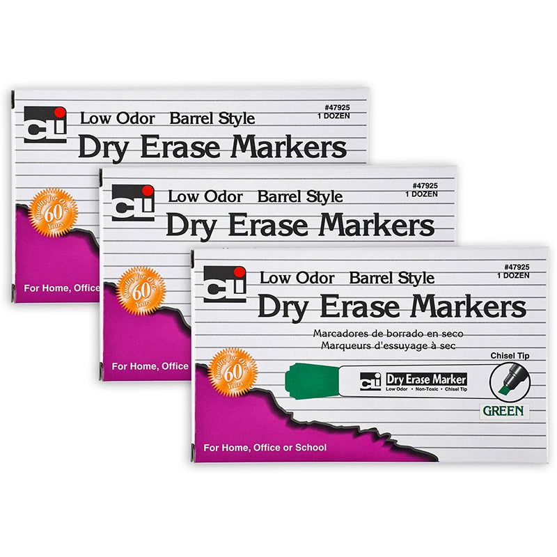 Dry Erase Markers, Barrel Style, Chisel Tip, Green, 12 Per Box, 3 Boxes