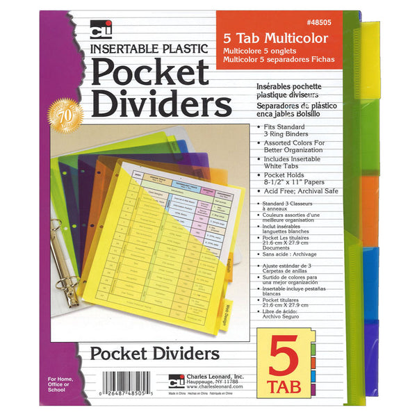 5-Tab Pocket Dividers, Assorted Colors, 5 Per Pack